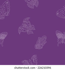 Seamless pattern with different contour violet butterflies