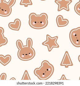 Seamless pattern of different cookies. Cute rabbit and bear, star, heart and new year tree. Kawaii style. 