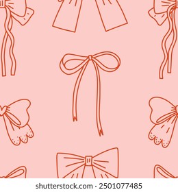 Seamless pattern of different coquette bows on a soft pink background. Bows pattern. Red ribbons on pink backdrop. Perfect for wrapping paper