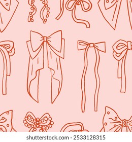 Seamless pattern of different coquette bows on a soft pink background. Bows pattern. Red ribbons on pink backdrop. Perfect for wrapping paper