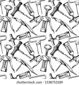 Seamless pattern with different corkscrews. Vector illustration in vintage engraved style. 