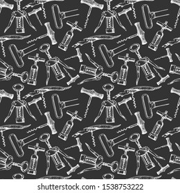 Seamless pattern with different corkscrews. Vector illustration in vintage engraved style. 