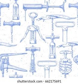 Seamless pattern with different corkscrews. Vector illustration in vintage engraved style. 