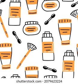 Seamless pattern with different cosmetic items in doodle style. Vector illustration background.