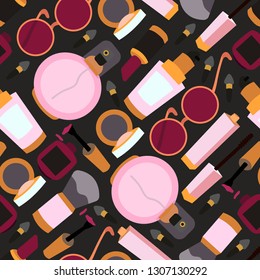 Seamless pattern of different cosmetic products on a black background that can be used for wrapping, wallpaper, textile, fabric and interior design.