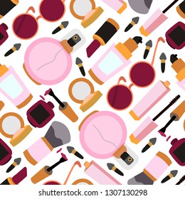 Seamless pattern of different cosmetic products on a  a white background that can be used for wrapping, wallpaper, textile, fabric and interior design.