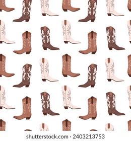 Seamless pattern with different cowgirl boots. Traditional western cowboy brown boots decorated with embroidered wild west elements. Vector art illustrations isolated on background