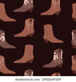Seamless pattern with different cowgirl boots. Traditional western cowboy brown boots decorated with embroidered wild west elements. Vector art illustrations isolated on background