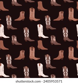 Seamless pattern with different cowgirl boots. Traditional western cowboy brown boots decorated with embroidered wild west elements. Vector art illustrations isolated on background