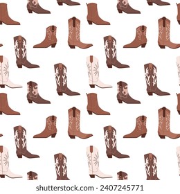 Seamless pattern with different cowgirl boots. Traditional western cowboy brown boots decorated with embroidered wild west elements. Vector art illustrations isolated on background