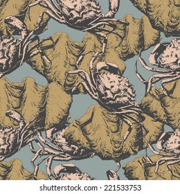 Seamless pattern with different crabs and shells