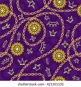 Seamless pattern with different crowns amulets  and chains