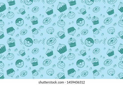Seamless pattern with different cupcakes. bakery pattern. Hand drawn collection bread shape. coffee cafe. interiors. wallpaper. backdrop. wrapping card. surface. Vector - illustration