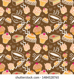 Seamless pattern with different cupcakes. bakery pattern. Hand drawn collection bread shape. coffee cafe. wallpaper. backdrop. wrapping card. surface. interiors. Vector - illustration