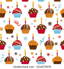 Seamless pattern with different cupcakes and a candle for celebration. Flat style