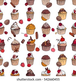 Seamless pattern with different cupcakes with fruits and chocolate. Endless texture for restaurant and cafe menu on white