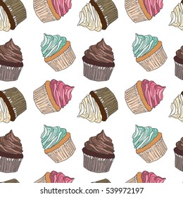 Seamless pattern with different cupcakes. Hand drawn design. Vector illustration.