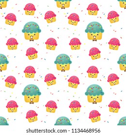 Seamless pattern with different cupcakes on white background. cute Cupcake background. Sweet pattern for wedding, birthday, greetings cards, web, print. Vector illustration.