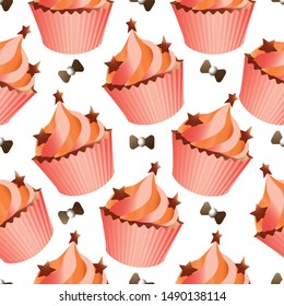 Seamless pattern with different cupcakes on a white background. Sweet pastries decorated with hearts, cherry, flower and star.