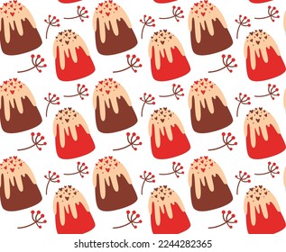 Patrón sin foco con diferentes quequitos sobre fondo blanco. Pastel dulce decorado con corazones. Antecedentes culinarios, origen vacacional.