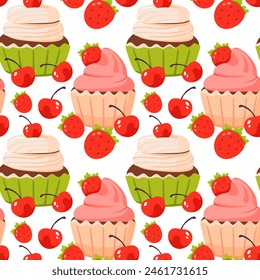 Seamless pattern with different cupcakes on a white background. Sweet pastries decorated with hearts, cherry, flower and star.