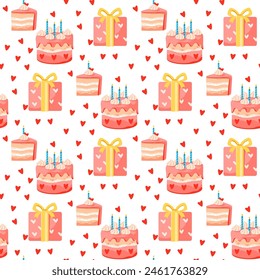 Seamless pattern with different cupcakes on a white background. Sweet pastries decorated with hearts, cherry, flower and star.