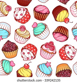 Seamless pattern with different cupcakes on a white background. Sweet pastries decorated with hearts, cherry, flower and star.