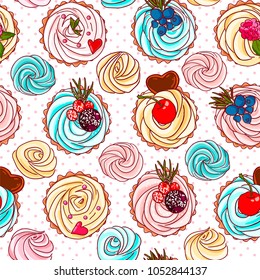 Seamless pattern with different cupcakes. Vector illustration. 
