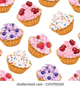 Seamless pattern of different cupcakes . Vector background in flat style. Sweet cream dessert. Mix of cakes isolated on white.