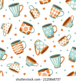 Seamless pattern with different cups of coffee or tea. Vector illustration.