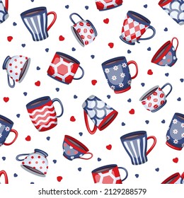 Seamless pattern with different cups of coffee or tea. Vector illustration.