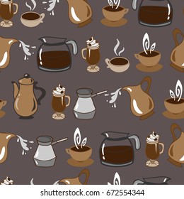 Seamless pattern with different cups of coffee. VECTOR ILLUSTRATION