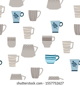 Seamless pattern with different cups. Hand drawn illustration wallpaper. Digital vector paper in shades of beige and blue. Folk art style.