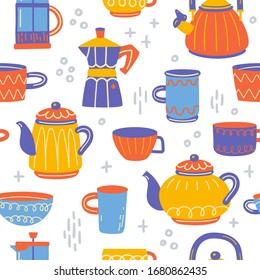 Seamless pattern with different cups and kettles. Scandinavian illustration of kitchen elements in flat style. Funny cartoon texture. Tea time hand drawn vector doodle clipart.