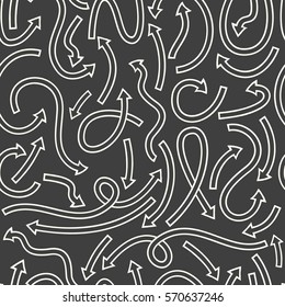 Seamless pattern with different curved arrows. Vector illustration on black background.