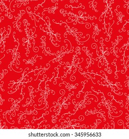 Seamless pattern of different curves curls white outline on a bright red background.