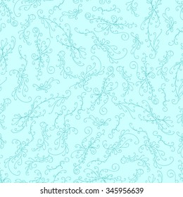 Seamless pattern of different curves curls outline on a pale blue aquamarine background.