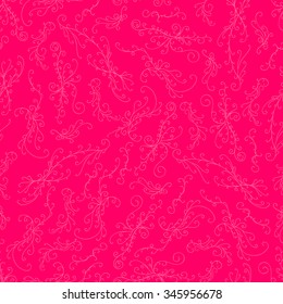 Seamless pattern of different curves curls outline on a bright pink background berry.