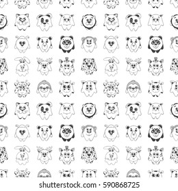 Seamless pattern with different cute animals. Children's pattern for decoration. Vector illustration of a sketch style.