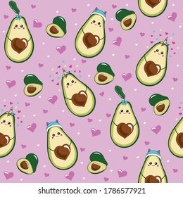 Seamless pattern with different cute avocados. vector illustration. avocado with the pit in the shape of a heart, avocado in a hat, unicorn, with a bow