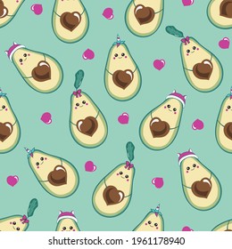 Seamless pattern with different cute avocados. vector illustration. avocado with the pit in the shape of a heart, avocado in a hat, unicorn, with a bow