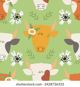 Seamless pattern with different cute cows, hand drawn vector illustration with farm animals