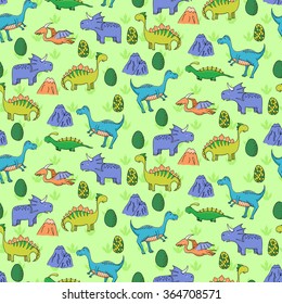 Seamless pattern with different cute dinosaurs, mountauns and eggs in cartoon style. Can be used for greeting cards, textile, wallpapers, etc. Vector illustration.
