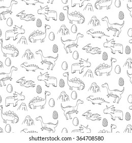 Seamless pattern with different cute dinosaurs, mountauns and eggs in cartoon style. Can be used for greeting cards, textile, wallpapers, etc. Vector illustration.