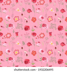 Seamless pattern with different cute flowers, roses and herbs. Endless texture for romantic design and decoration.