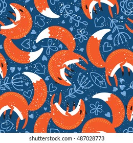 Seamless pattern with different cute foxes. Vector illustration