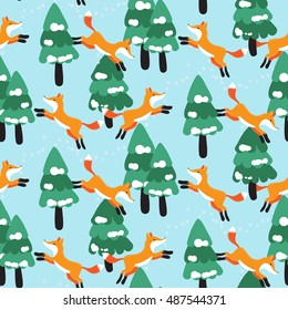 Seamless pattern with different cute foxes. Vector illustration
