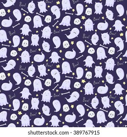 Seamless pattern with different cute ghosts, skulls and bones. Vector illustration