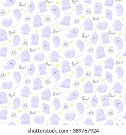 Seamless pattern with different cute ghosts, skulls and bones. Vector illustration