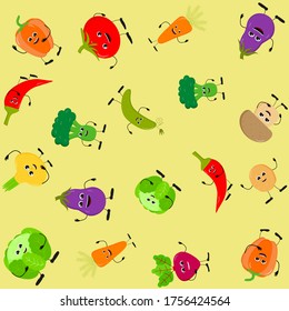 Seamless pattern of different cute happy vegetable characters. Vector flat illustration isolated on light yellow background. Doodle character cartoon set. Vegan vector icon. Vegetarian healthy food.
